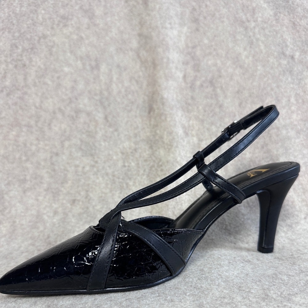 Viloporlor Black Croc Embossed Slingback Pumps Pointed Toe Strappy Heels Size 7
